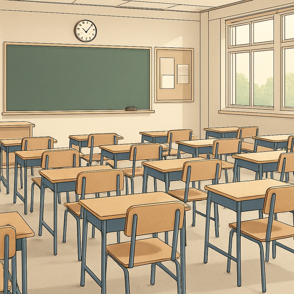 An empty classroom reflecting teacher shortages linked to hiring policies.