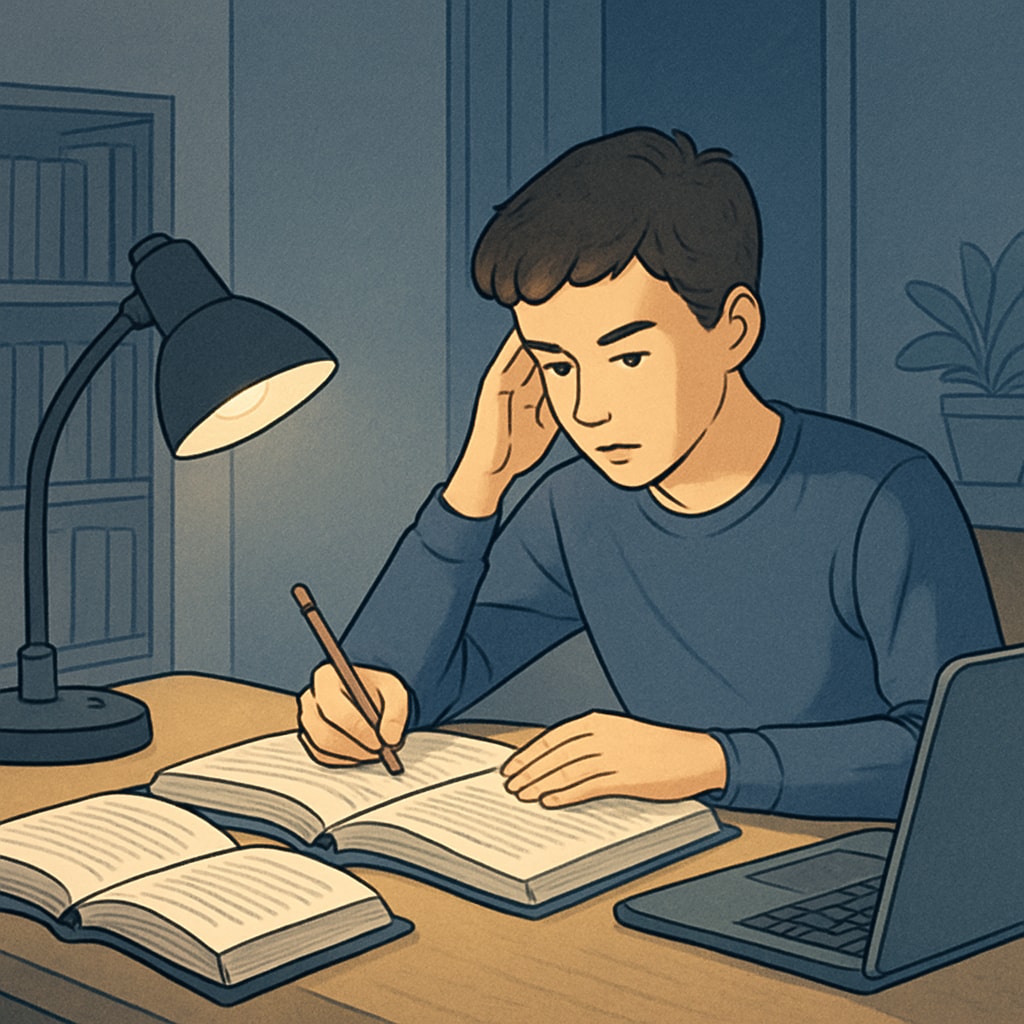 Teenager studying at night after a part-time job.