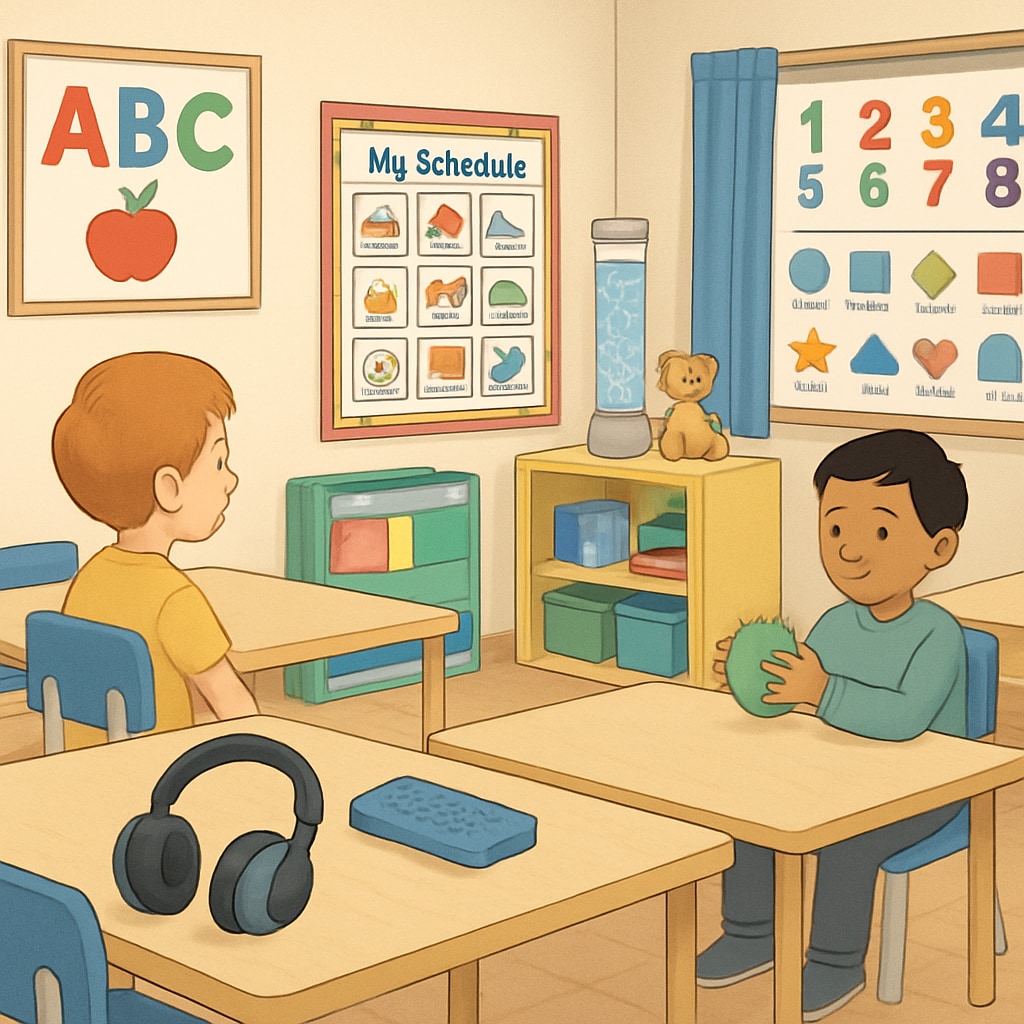 Classroom with sensory-friendly tools for autism education.