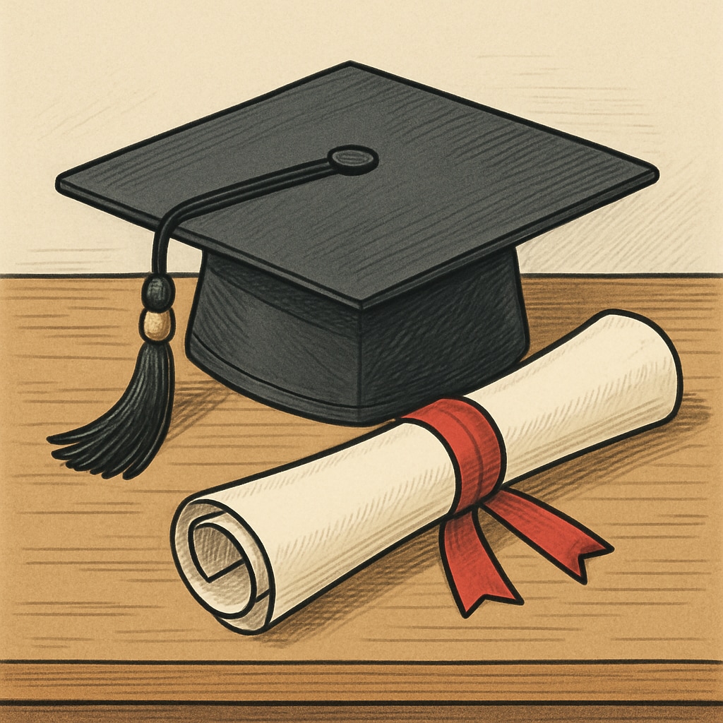 Graduation cap and diploma representing academic success.