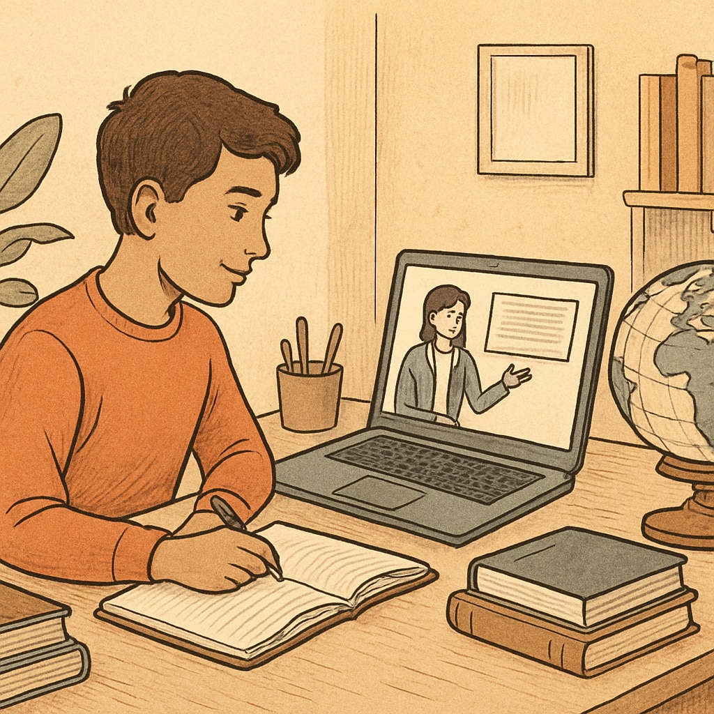 A student studying online in a cozy home setup, symbolizing global online education opportunities for international students. Online education opportunities for Latin American students