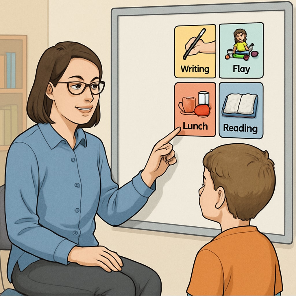 Teacher assistant using a visual schedule for autism support.