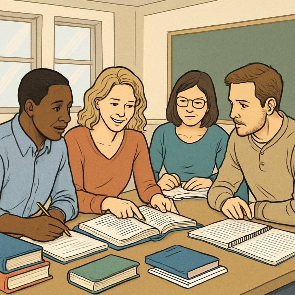 Adult learners in a classroom pursuing further education.