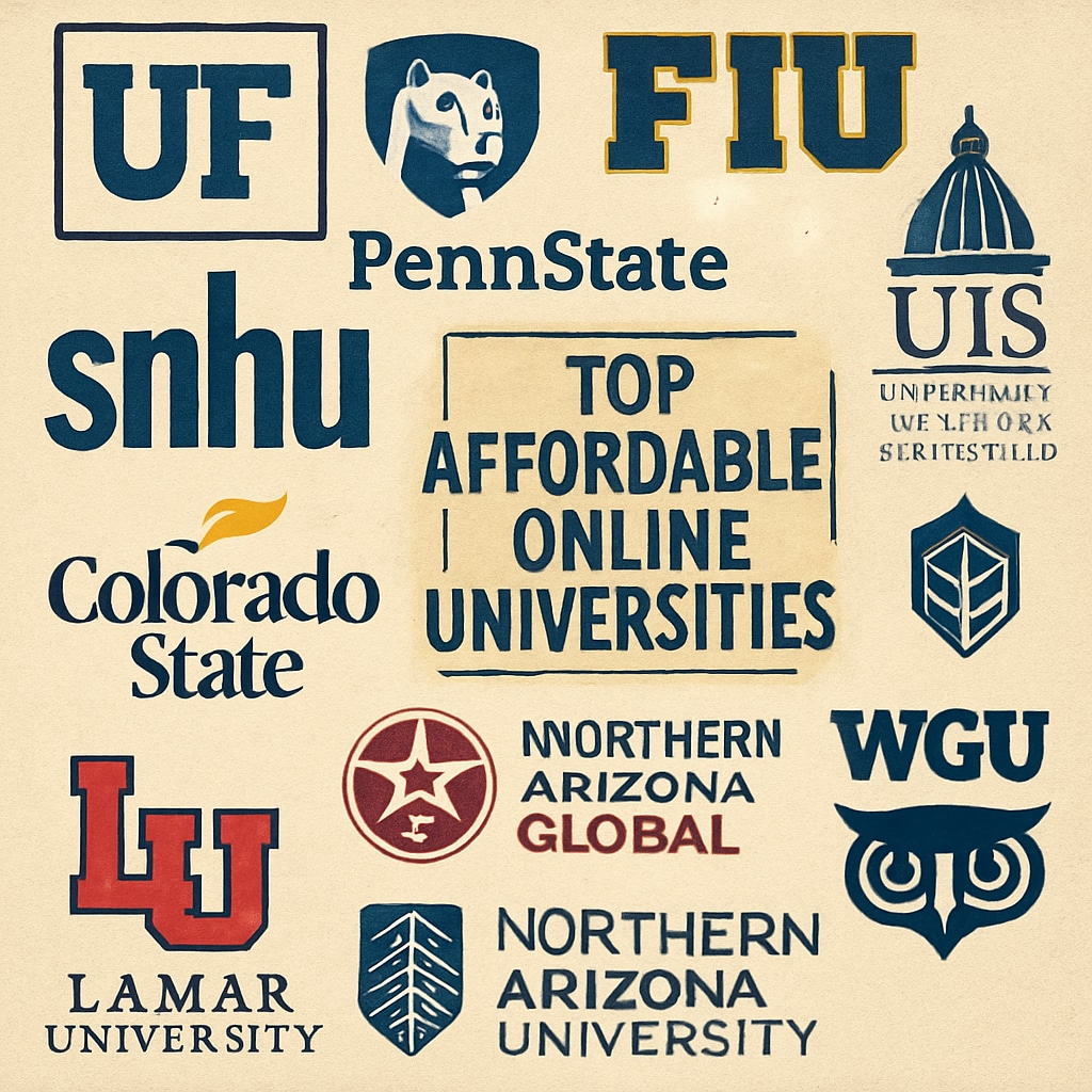 A collage of logos from top affordable online universities, representing diverse education options for budget-conscious students. Affordable online universities for Latin American students