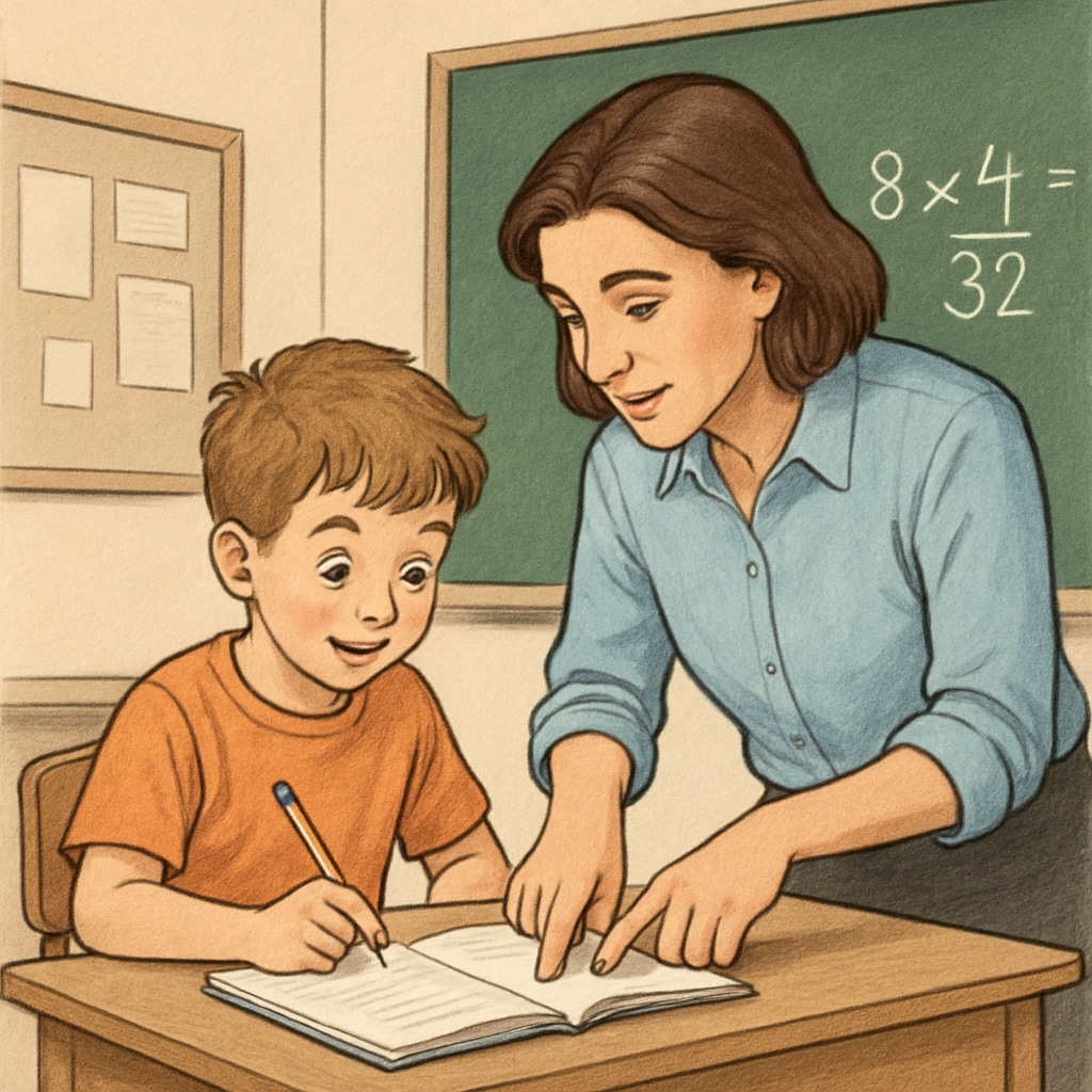 A young child in a classroom setting, engaging in a challenging academic activity, with a teacher guiding them. Image of a child engaged in a gifted education activity in the classroom.