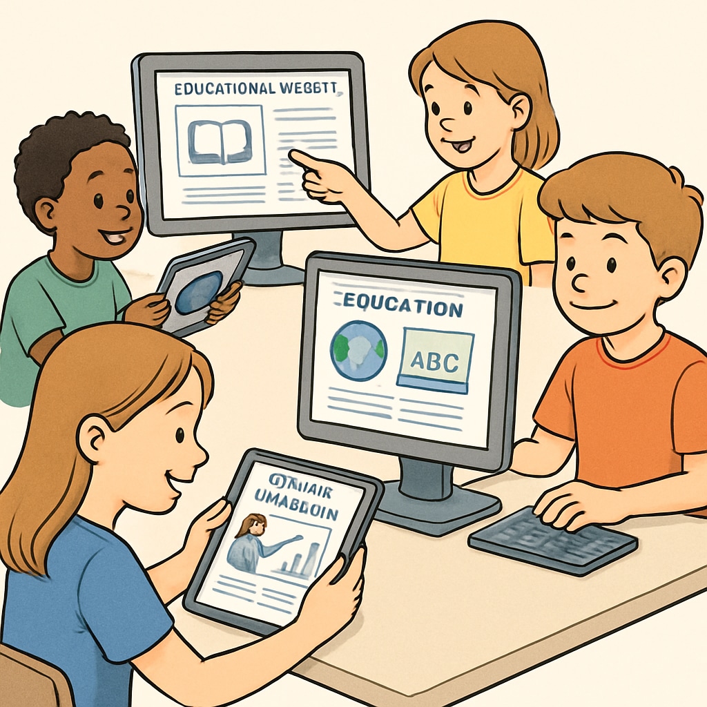 A colorful image of children using tablets and computers to access educational websites, showcasing engagement and learning. Kids engaging with free early education websites on devices.
