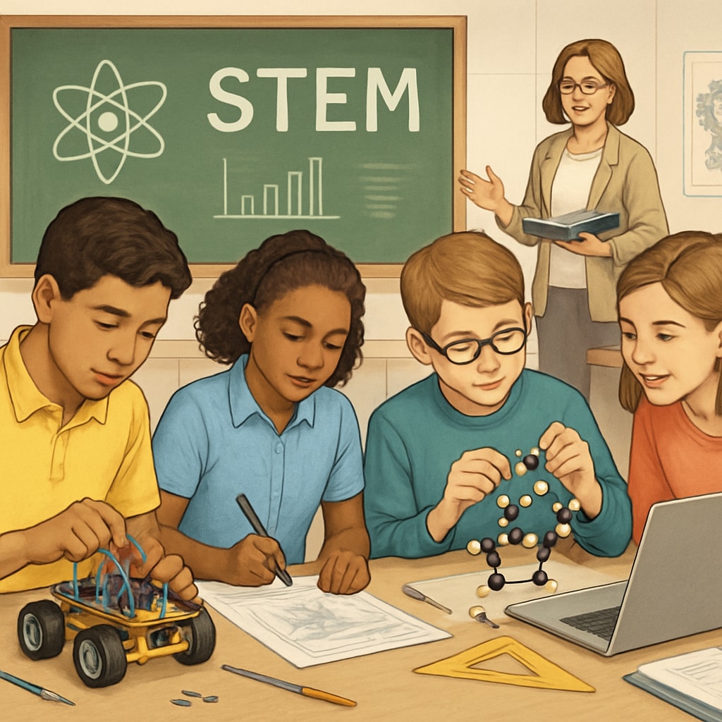 A classroom with students working on advanced STEM projects, showing collaboration and engagement. Gifted students collaborating on a STEM project in an advanced education setting.