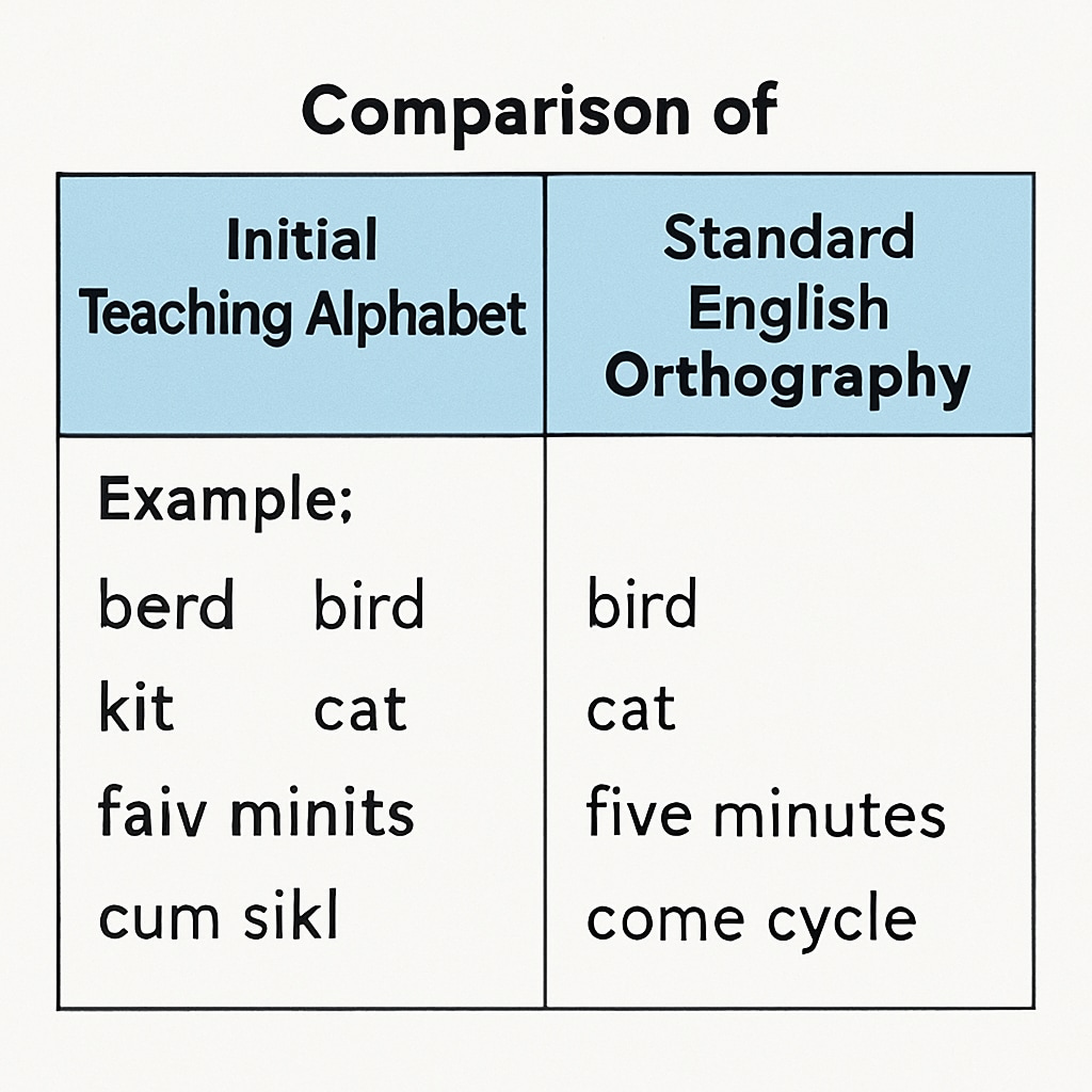 Comparison of Initial Teaching Alphabet and standard English spelling systems.