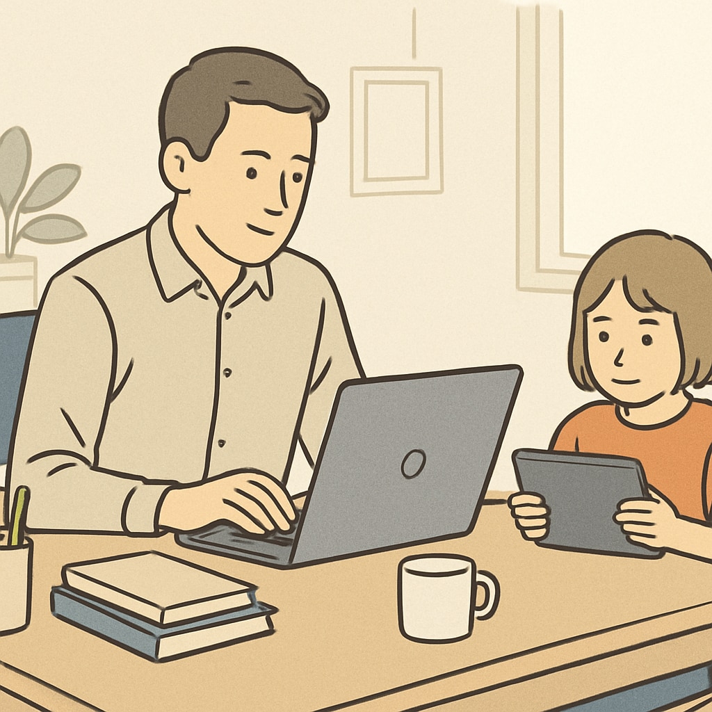 A parent working on a laptop while a child uses a tablet, both engaged in their respective tasks. A parent working while a child uses a free educational website.