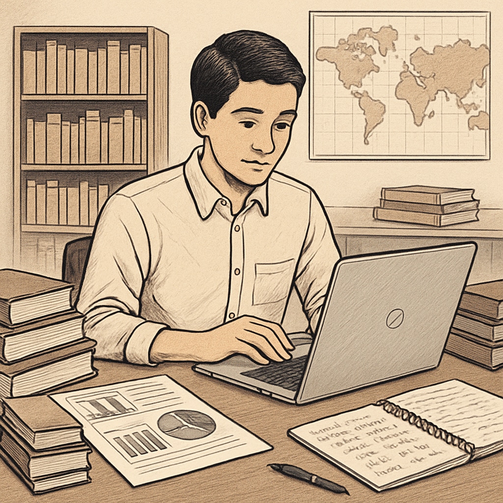 A finance student researching study abroad programs on a laptop, surrounded by books and financial reports. The image highlights the importance of making informed decisions about international education. Finance student researching study abroad programs