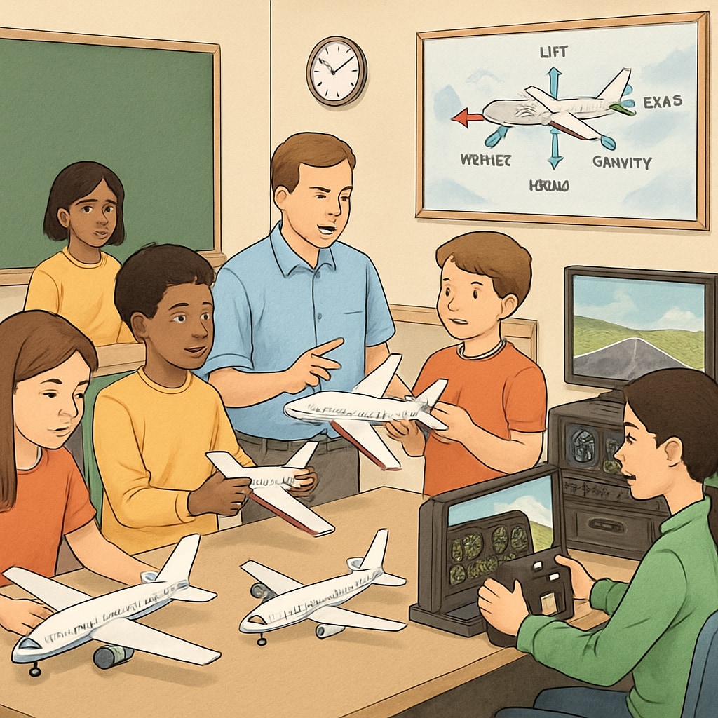 A classroom workshop where K12 students are learning about aviation concepts with models of airplanes and simulators, showcasing hands-on education. K12 students actively learning aviation concepts through simulators and airplane models.