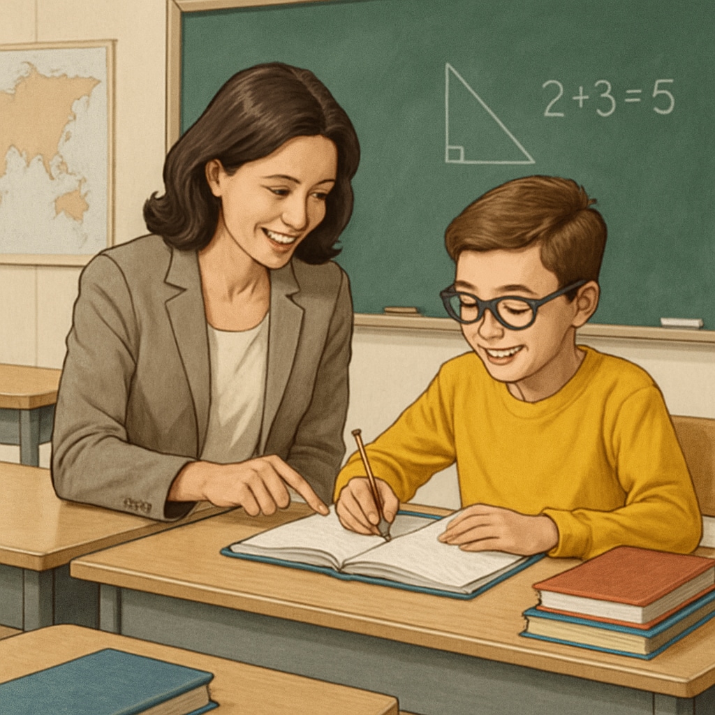 A classroom environment where a teacher is working closely with a high-achieving elementary student, emphasizing personalized teaching. Teacher working with a gifted student in a classroom, focusing on personalized learning.