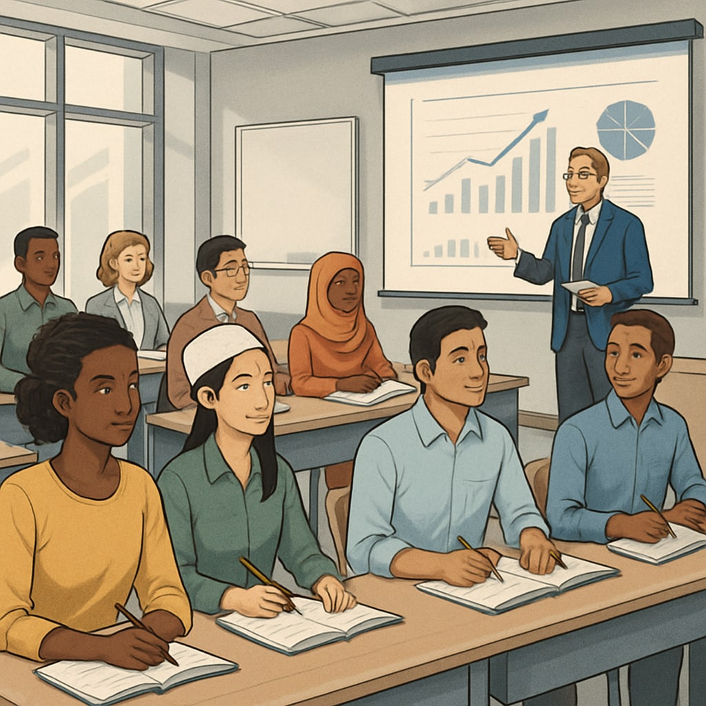 A diverse group of international students attending a finance lecture in a modern classroom. The image emphasizes the benefits of studying abroad for finance students from developing countries. International students attending a finance lecture