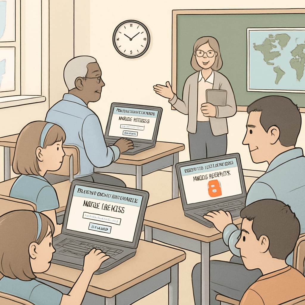 Students in a classroom using laptops, facing age verification barriers to access educational content.