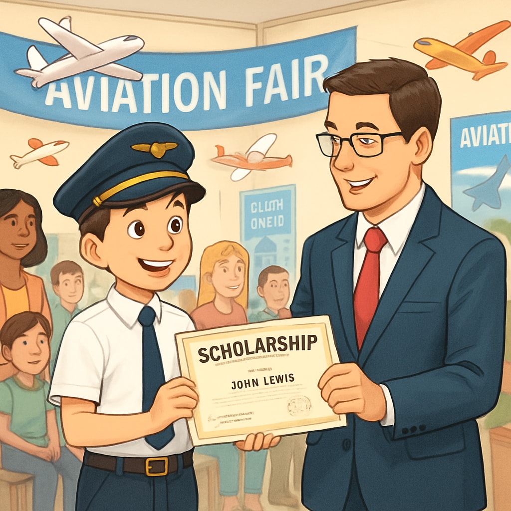 A young aspiring pilot receiving a scholarship certificate during a school aviation fair, celebrating funding support for aviation training. Young pilot receiving scholarship support for aviation education during a school event.