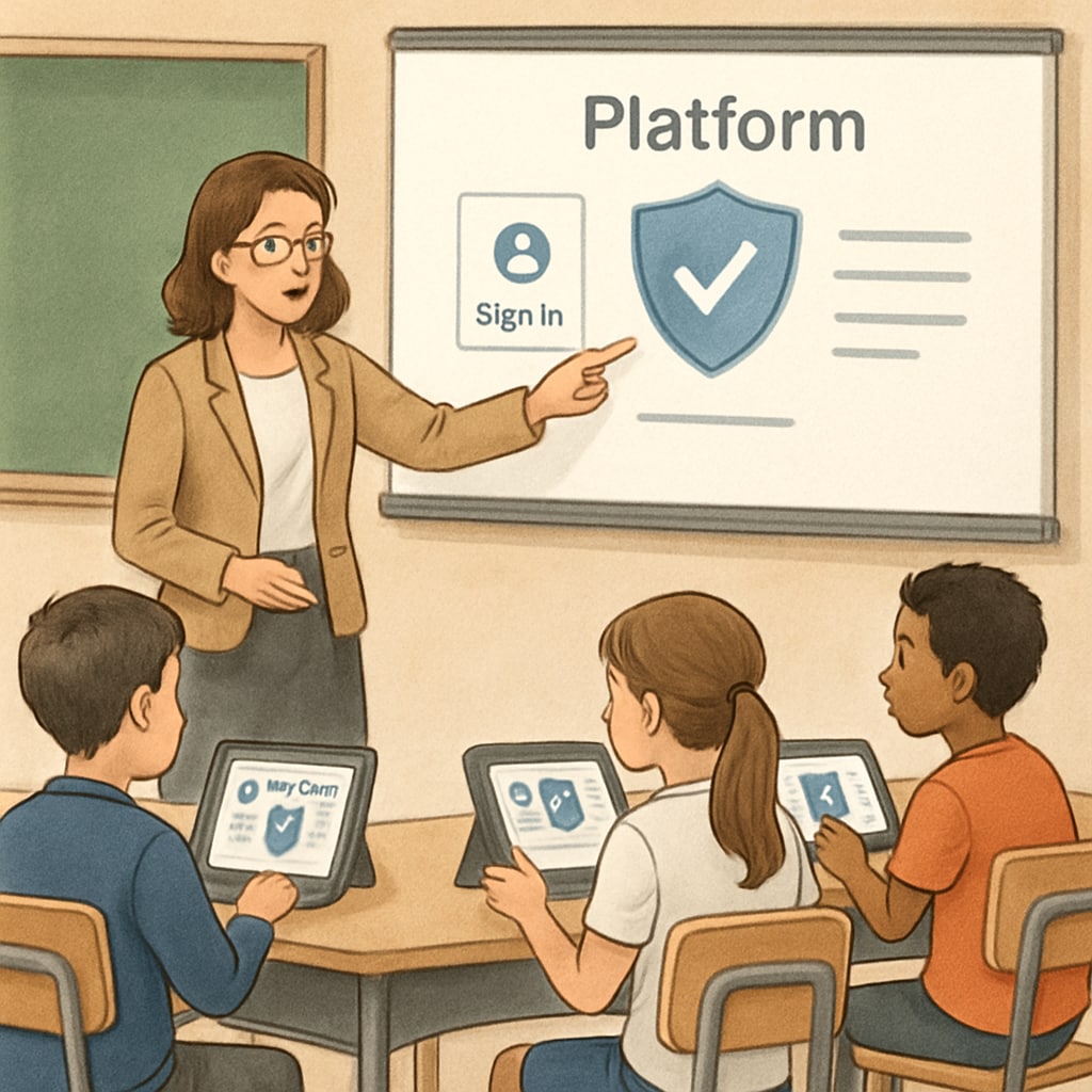 A teacher assisting students with an education-focused digital platform, highlighting solutions for age verification barriers.