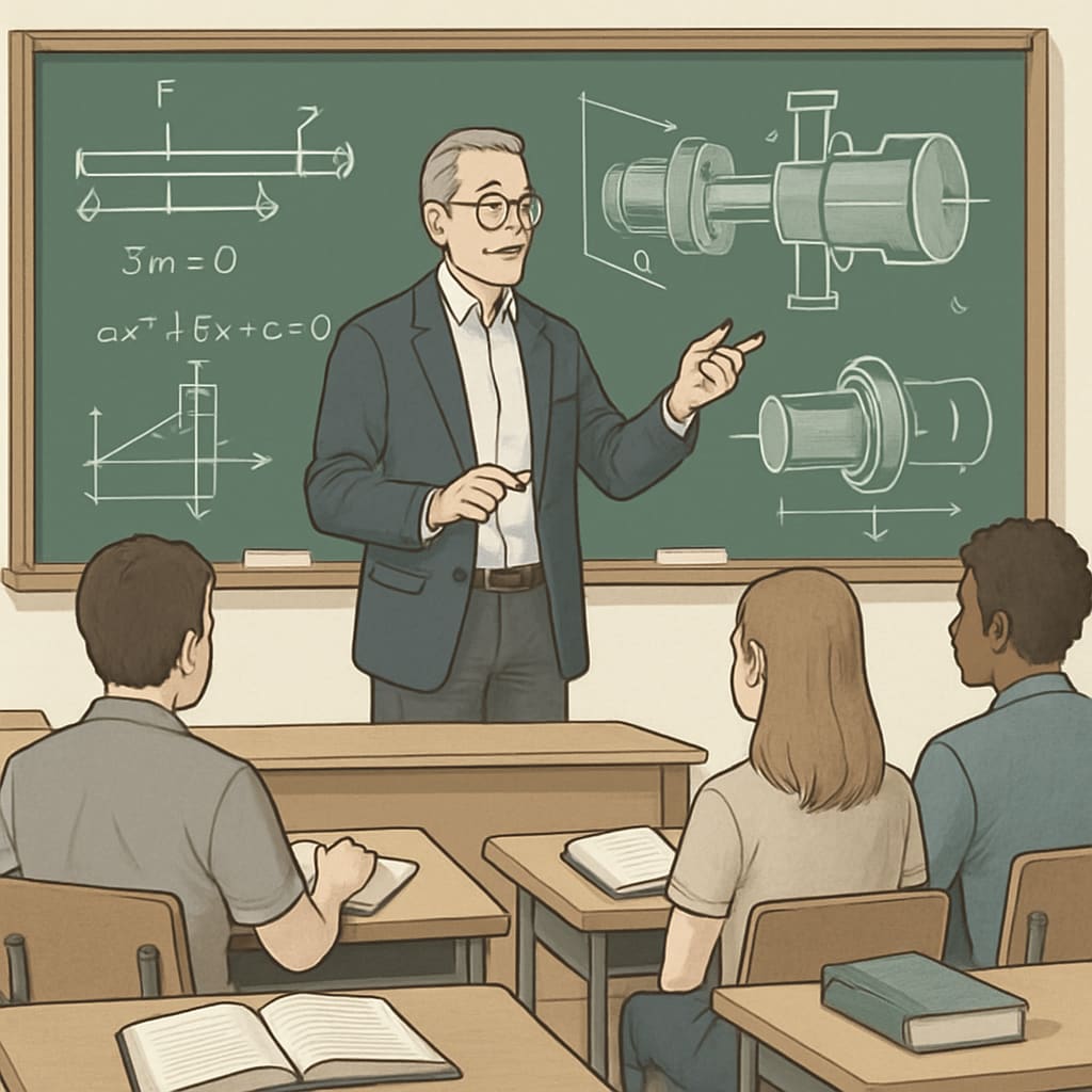 A university classroom where a professor discusses engineering concepts with students, emphasizing the intersection of education and engineering. Classroom discussion on engineering concepts with dual-degree relevance.