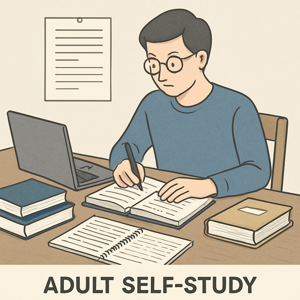 Adult self-study desk with educational materials, symbolizing basic education and self-learning.