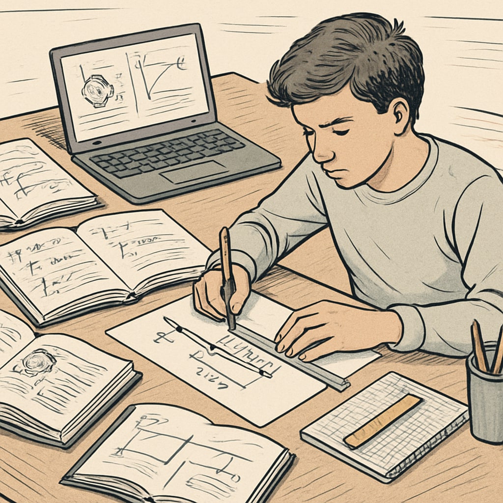 A student working on an engineering project while referencing educational materials, showcasing multitasking in dual-degree coursework. Student balancing engineering project and education materials.
