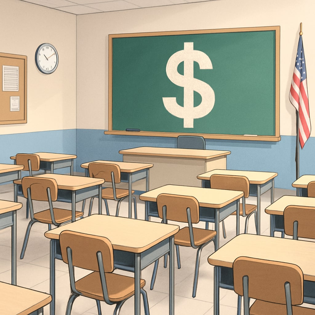 A classroom with empty desks in a public school, symbolizing funding challenges. Empty classroom in a public school, illustrating funding challenges.