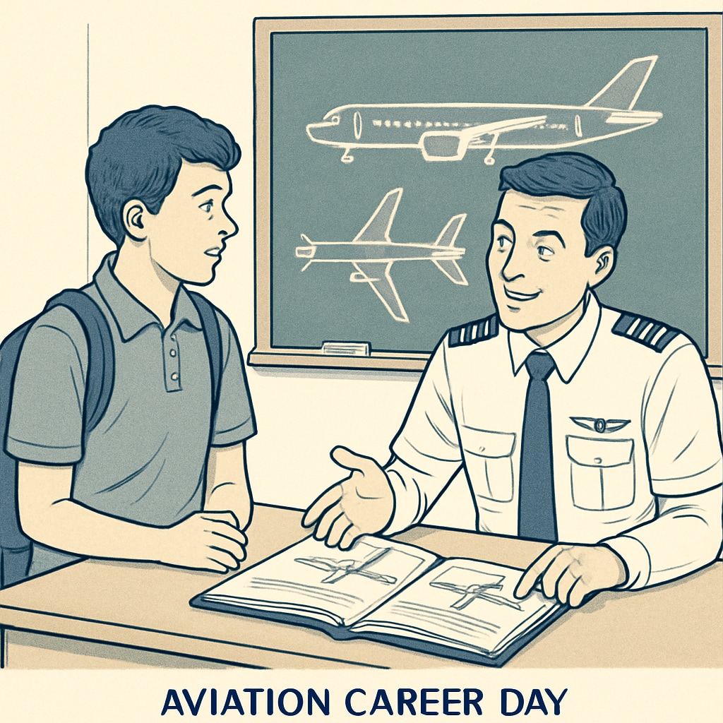 High school student learning about aviation careers from a commercial pilot.
