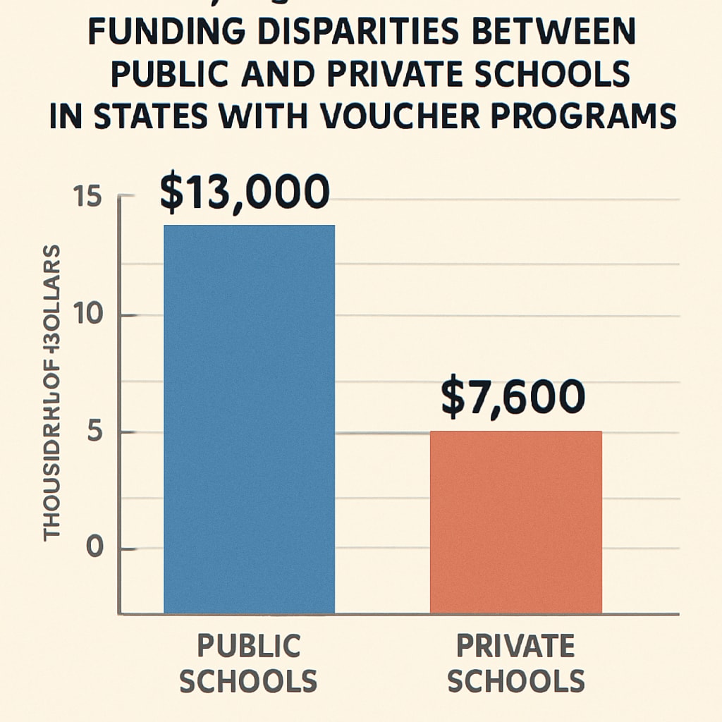 A comparison chart showing funding disparities between public and private schools in voucher program states. Chart depicting funding differences between public and private schools in voucher states.