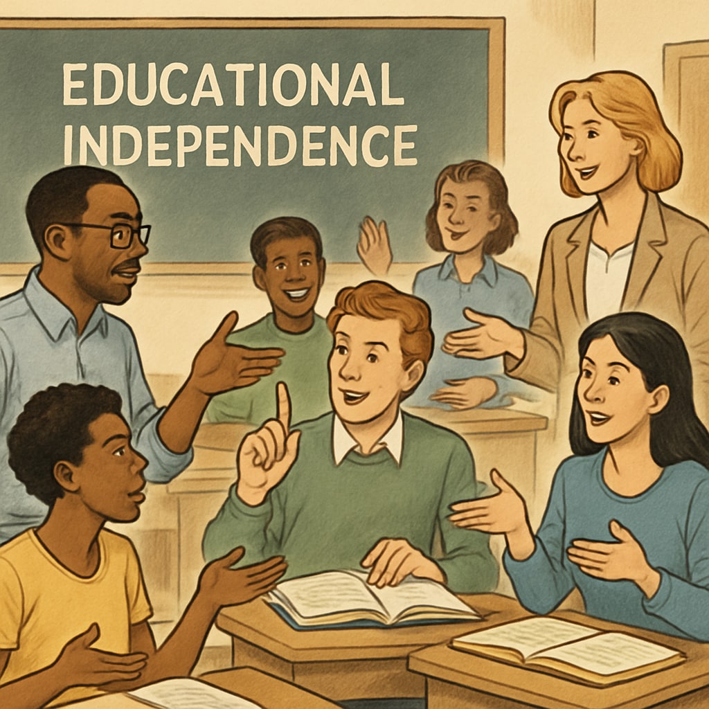 A classroom setting with students and teachers discussing diverse topics, symbolizing the importance of educational independence. Classroom discussion emphasizing educational independence and diversity.