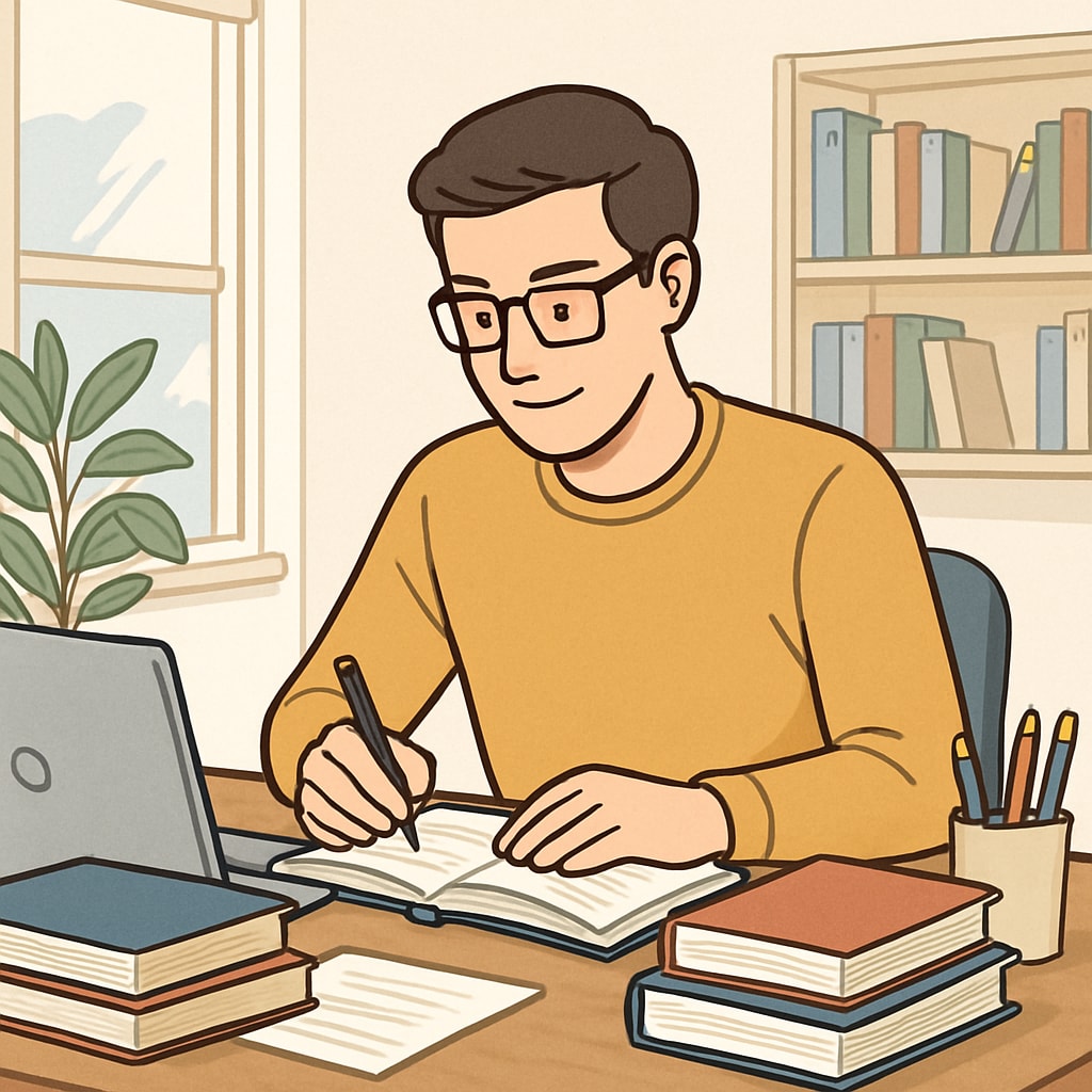 A motivated adult studying at home, surrounded by books and a laptop, symbolizing the journey of self-learning. An adult studying with books and a laptop, representing self-learning and addressing educational gaps.
