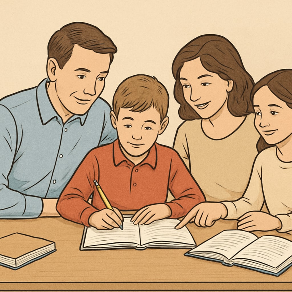 Family supporting middle school learning by helping with homework.