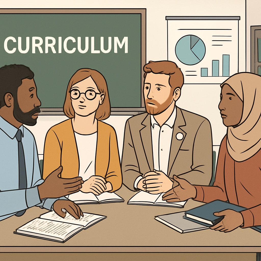 A classroom with diverse educators discussing curriculum, symbolizing ideological diversity in teaching Diverse educators discussing curriculum in a classroom