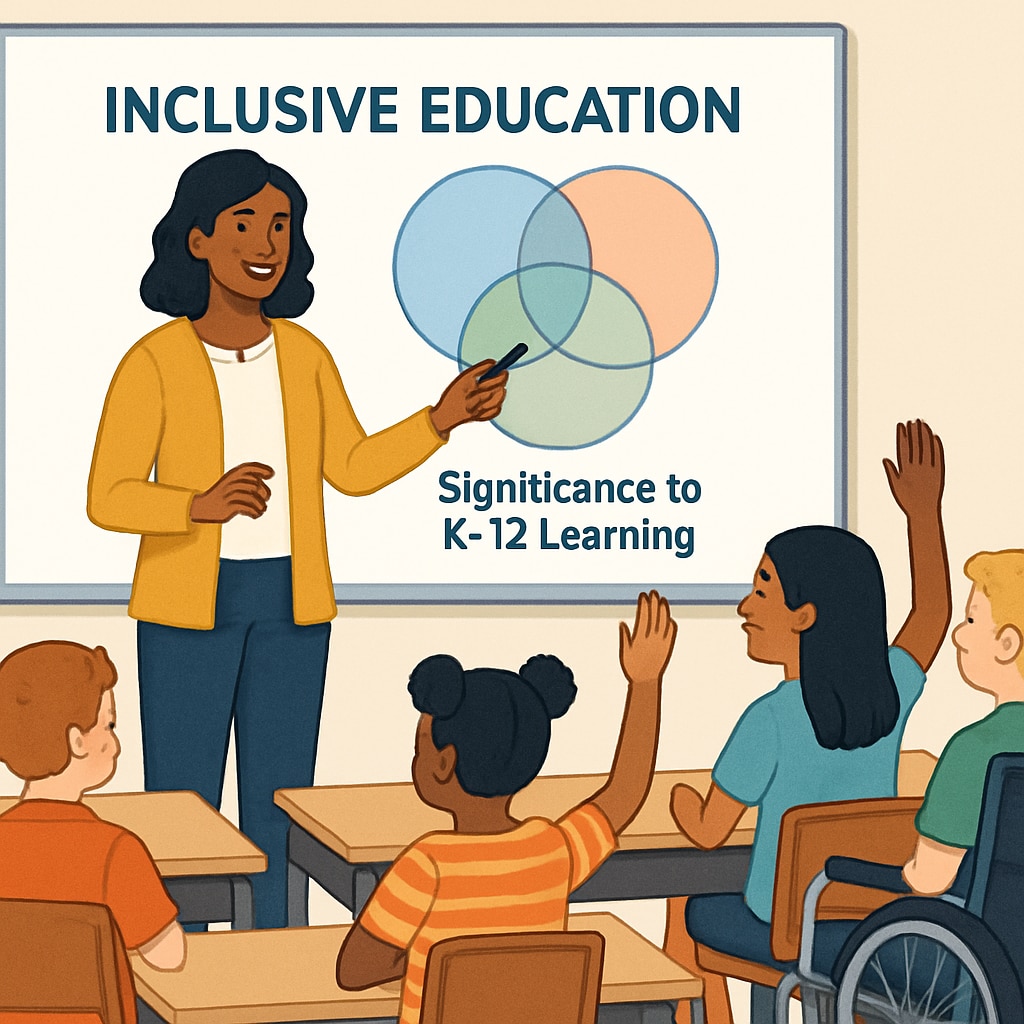 A teacher in front of a diverse classroom, illustrating the concept of inclusive education and its importance to K12 learning. Teacher with diverse classroom promoting inclusive K12 education.