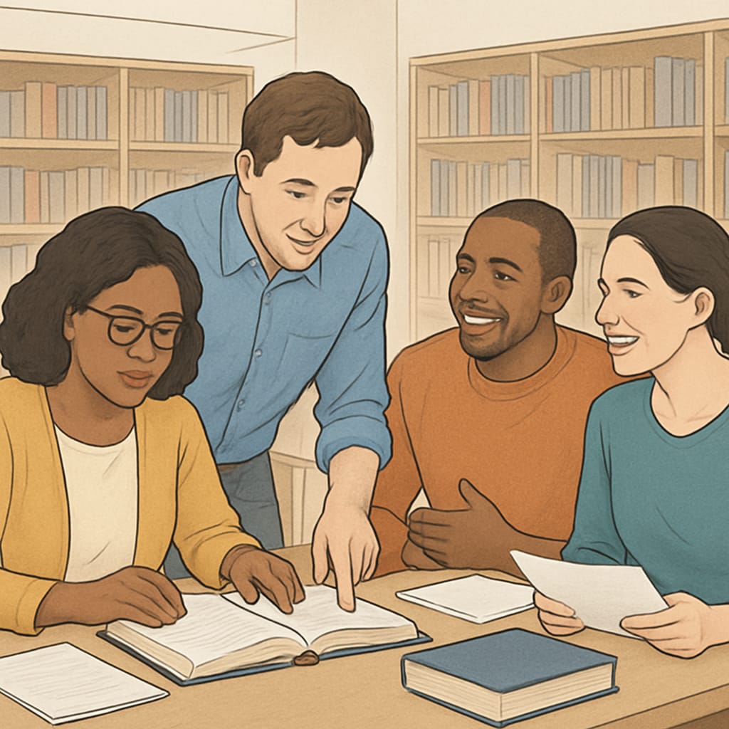 A diverse study group of adults collaborating in a library, demonstrating the power of community support in learning. Adults in a study group supporting each other in learning, showcasing the power of community.