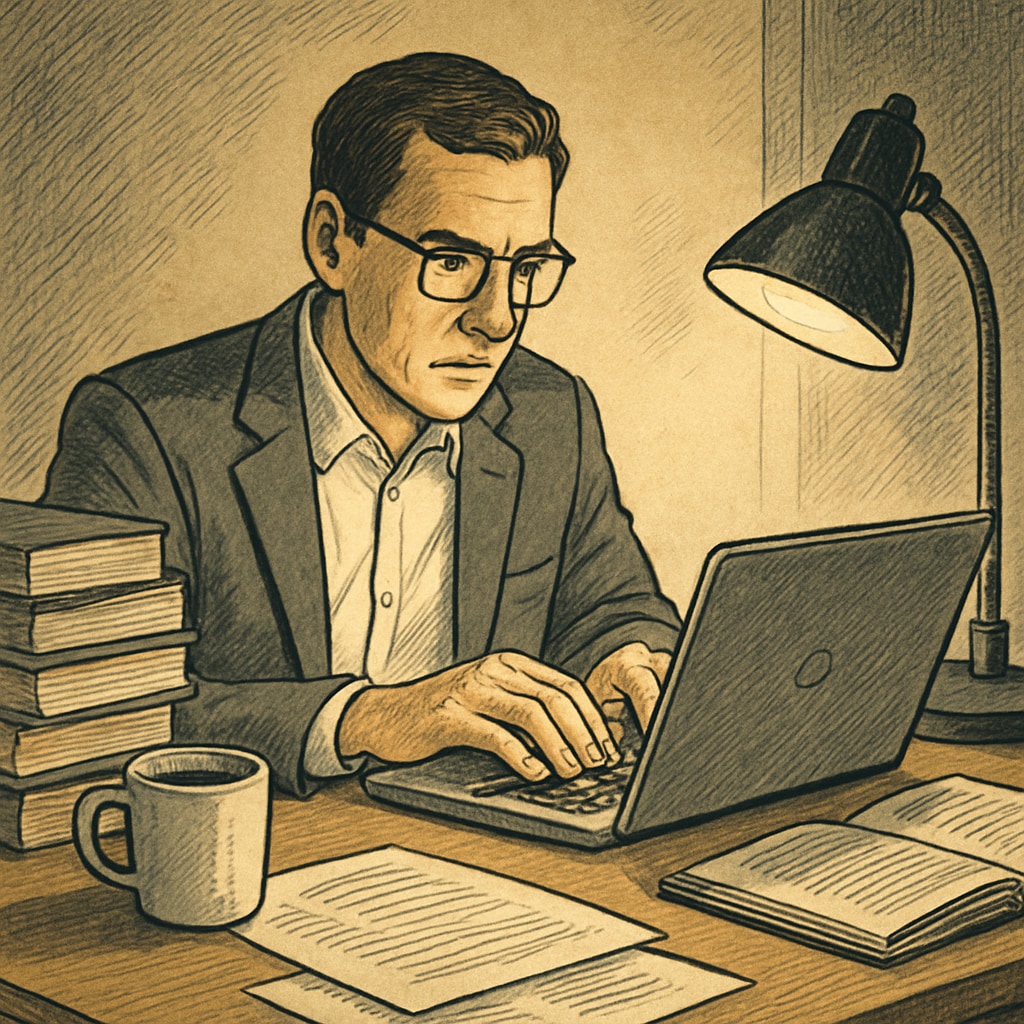 A professional adult studying on a laptop in the evening, symbolizing the balance between work and education. A professional studying on a laptop in the evening, representing career and education balance.