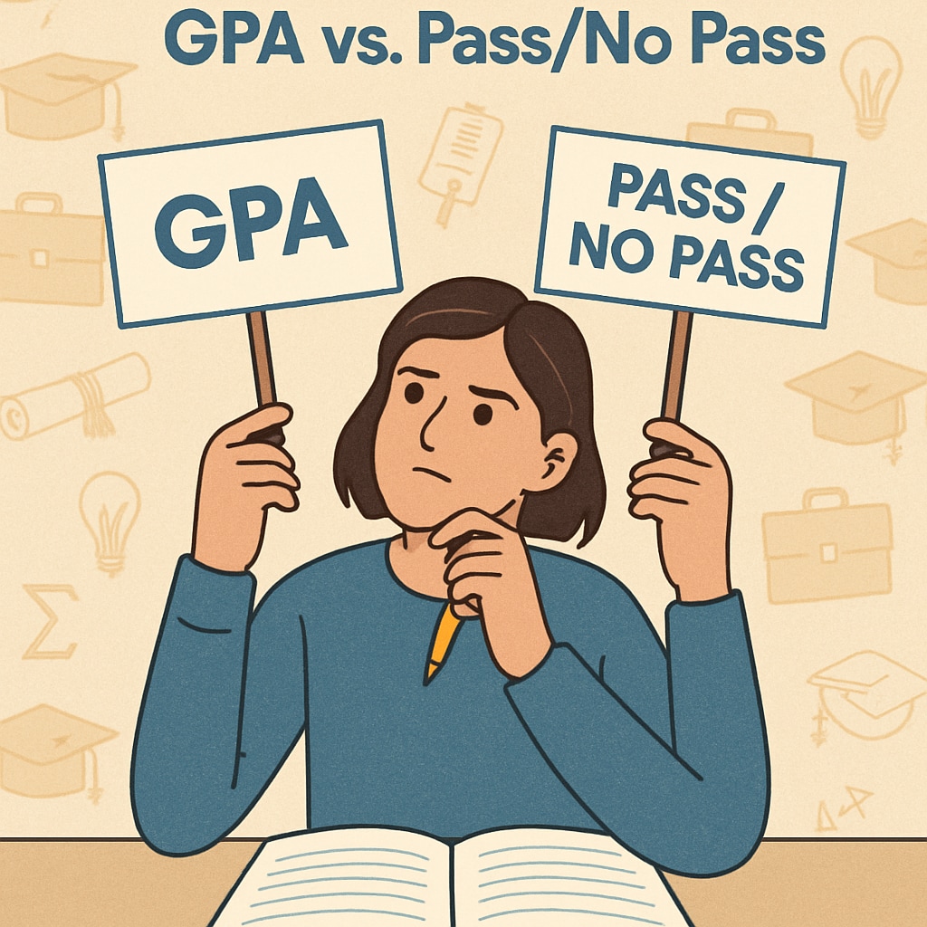 Student assessing GPA vs. P/NP grading options with career icons.