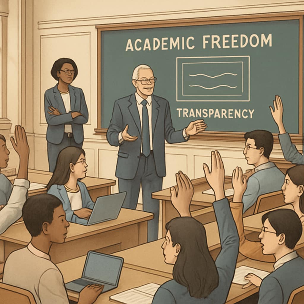 University lecture hall representing academic freedom and transparency tension