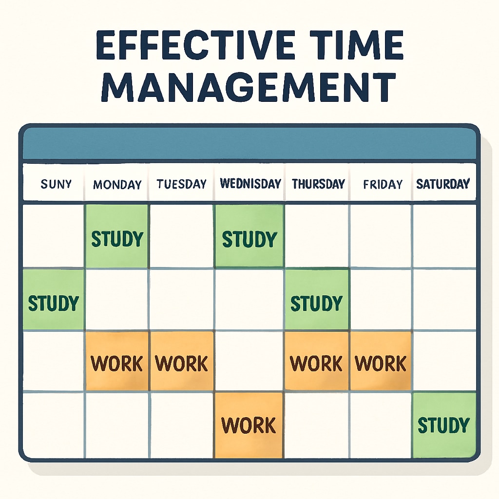 A calendar with study and work blocks marked, illustrating time management strategies. A calendar showing work and study blocks, emphasizing time management.