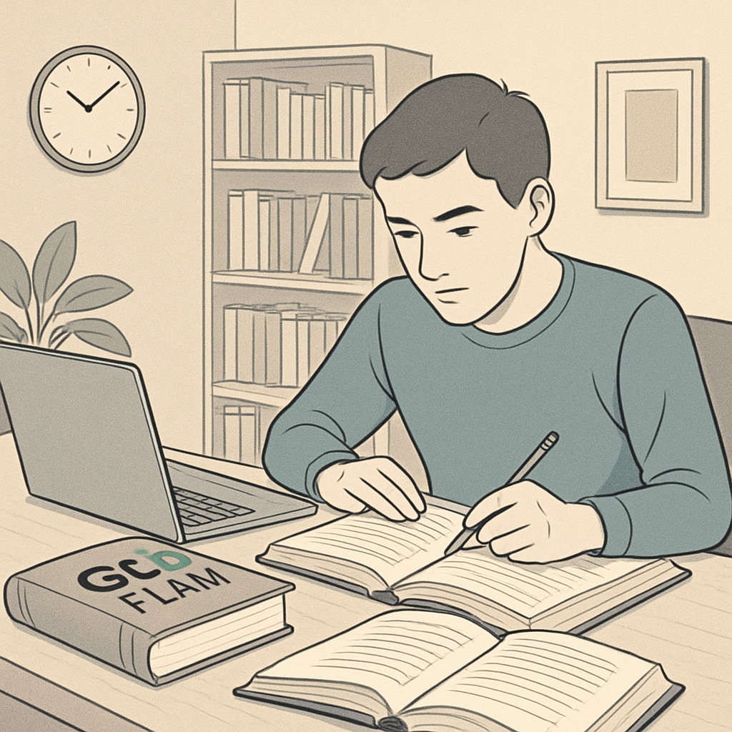 Online GED preparation with laptop and study materials.
