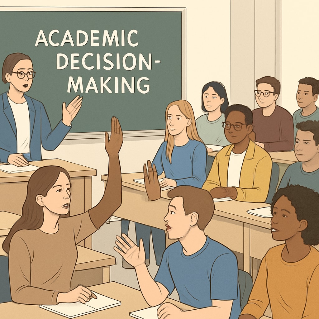 A university classroom filled with engaged students, representing academic decision-making. GPA and grading systems in a university classroom