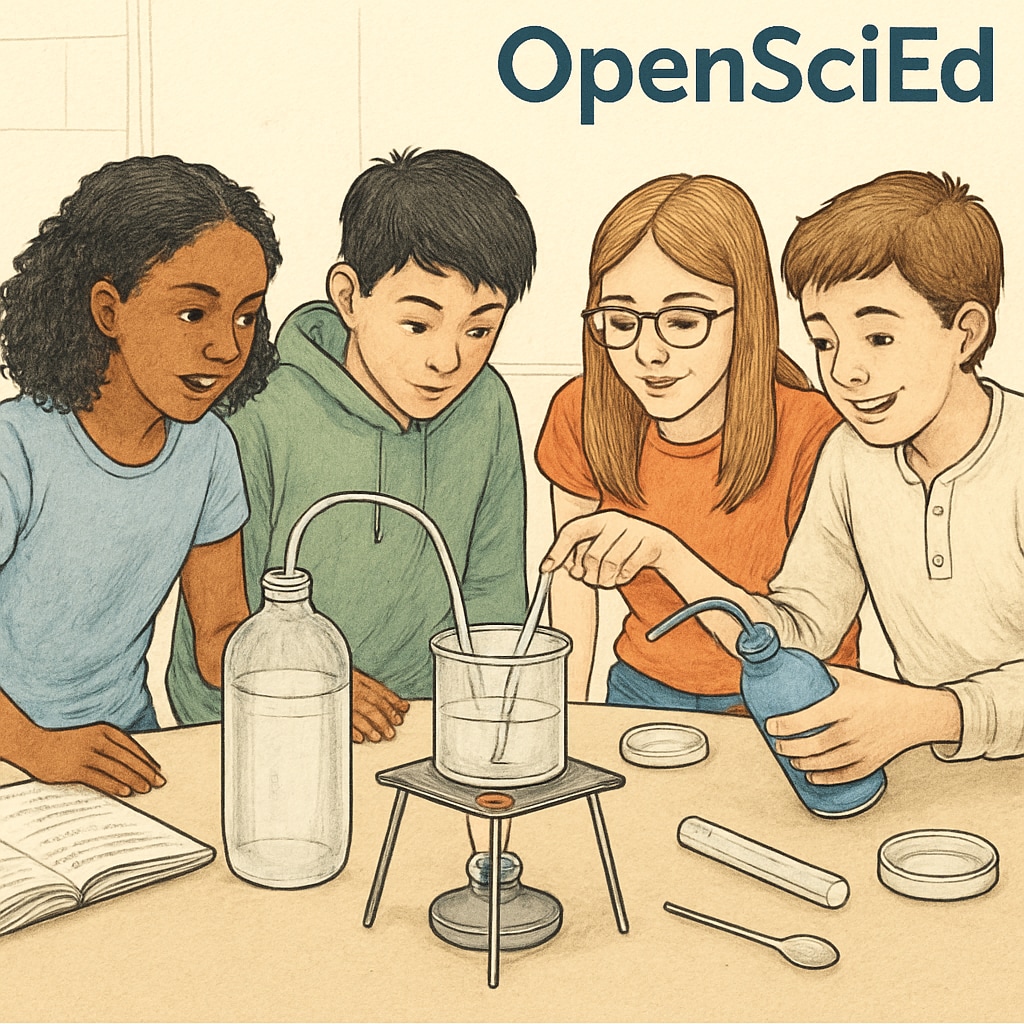 Students engaging in a hands-on science experiment using materials from the OpenSciEd curriculum. Students conducting a science experiment with OpenSciEd materials in a classroom setting.