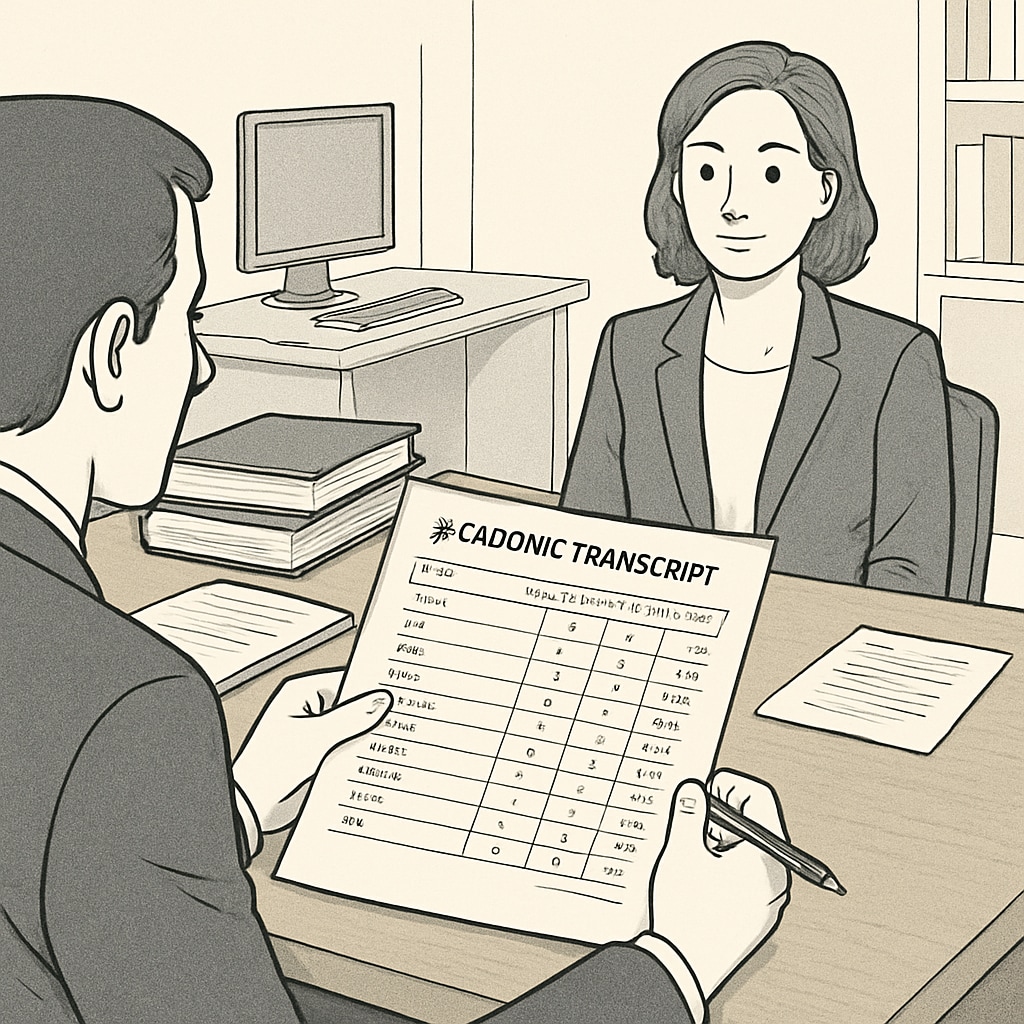 A professional interview setting where a candidate's academic transcript is being reviewed. Career implications of GPA and grading systems