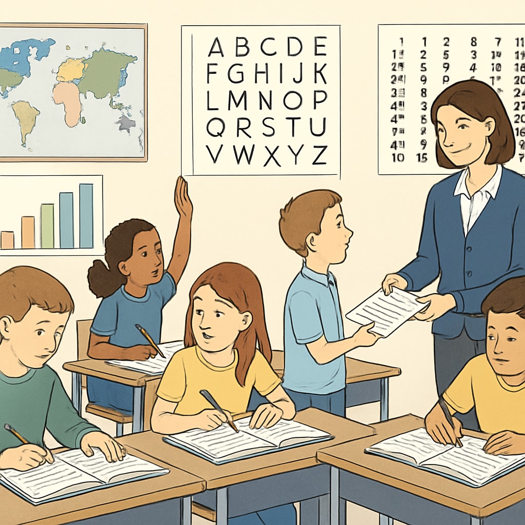 A classroom with students engaged in structured learning, featuring charts and textbooks. Students participating in structured learning with charts and textbooks.
