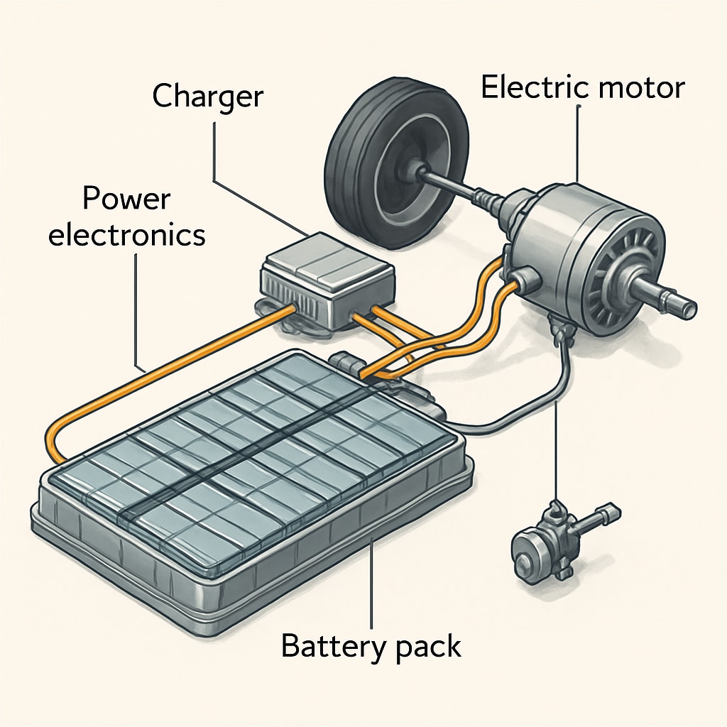 A modern electric vehicle's powertrain showcasing battery systems and electric motor components in a detailed technical diagram. Electric vehicle powertrain components highlighting electrical learning for automotive careers.