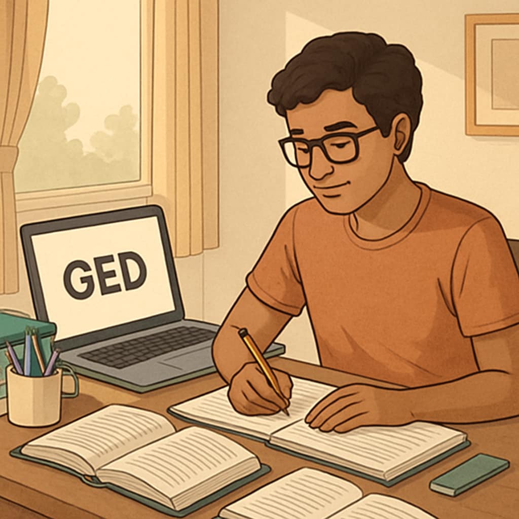 A student studying online for their GED at home, showcasing a laptop and study materials. Student studying online for GED or high school diploma with laptop.