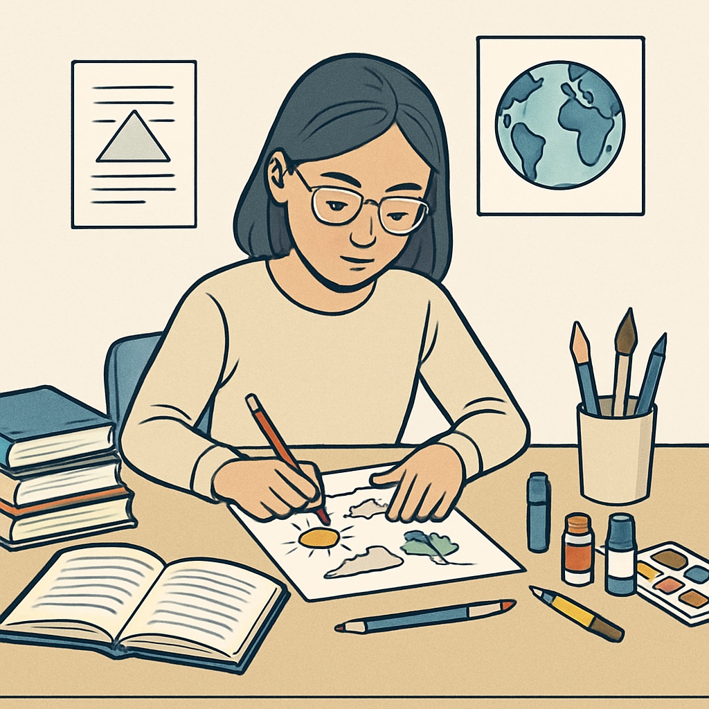 A student working on a creative project independently, surrounded by books and art supplies. Student immersed in independent exploration with books and art materials.