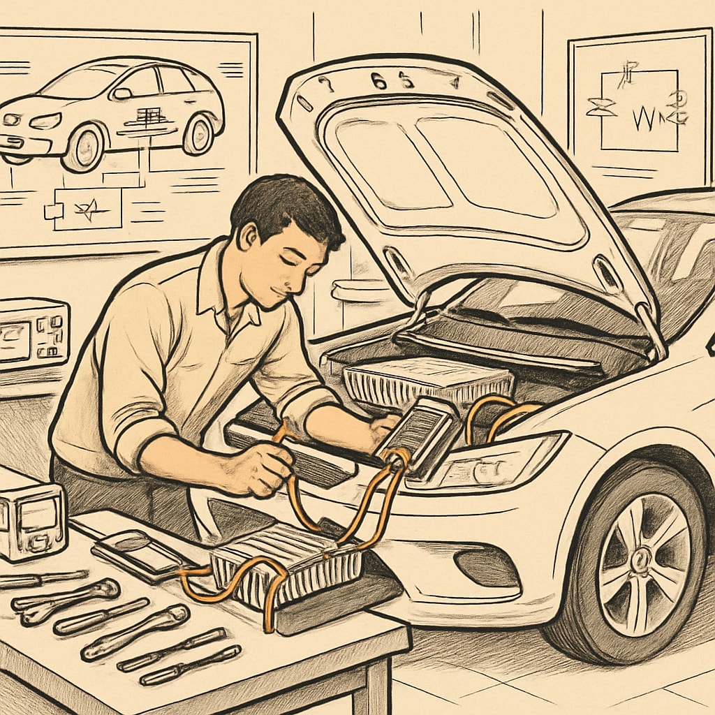 An automotive engineer working on an electric vehicle prototype in a laboratory setting, emphasizing practical experience in electrical learning. Automotive engineer developing EV prototypes for career growth in the automotive industry.
