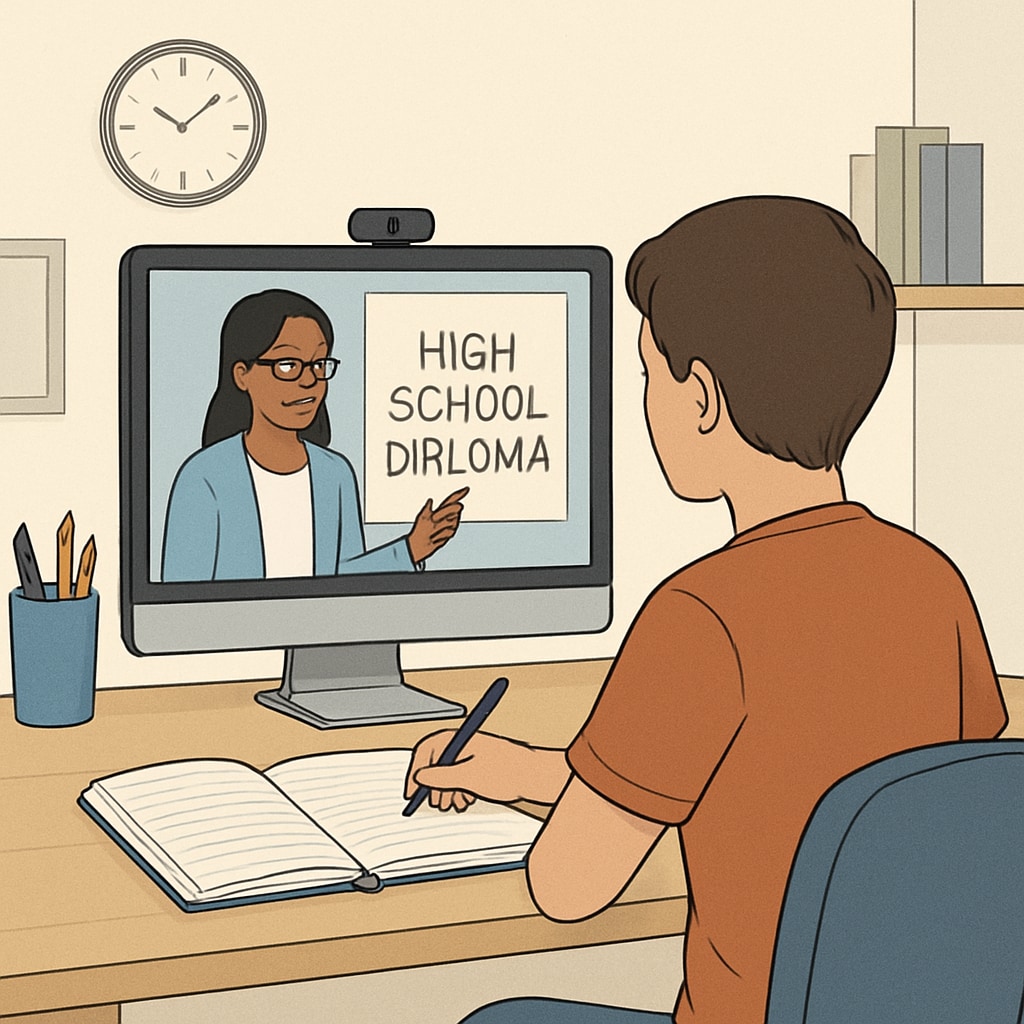 An individual participating in an online high school diploma program, featuring a teacher conducting a virtual class. Student attending virtual high school diploma class with teacher.