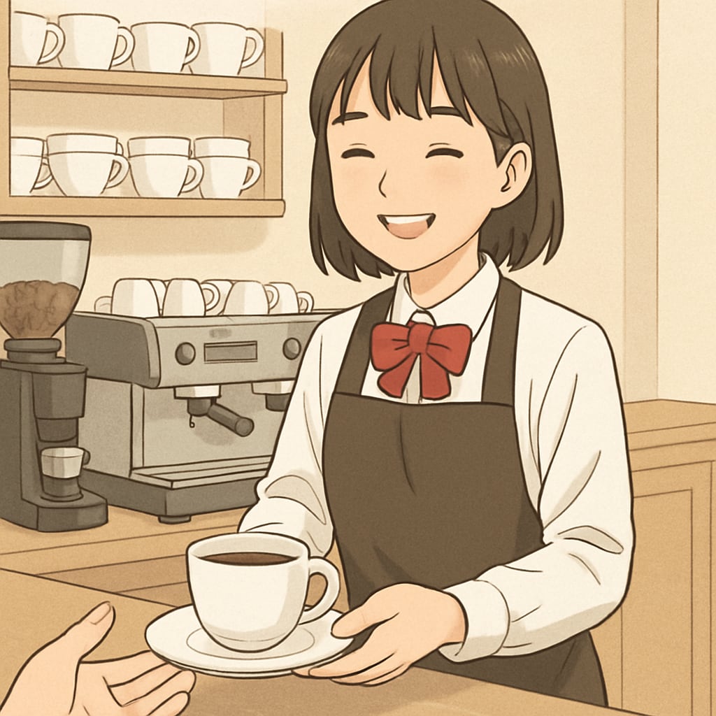 A high school student working part-time at a café, smiling while serving a customer. High school student working part-time at a café, balancing work and studies.