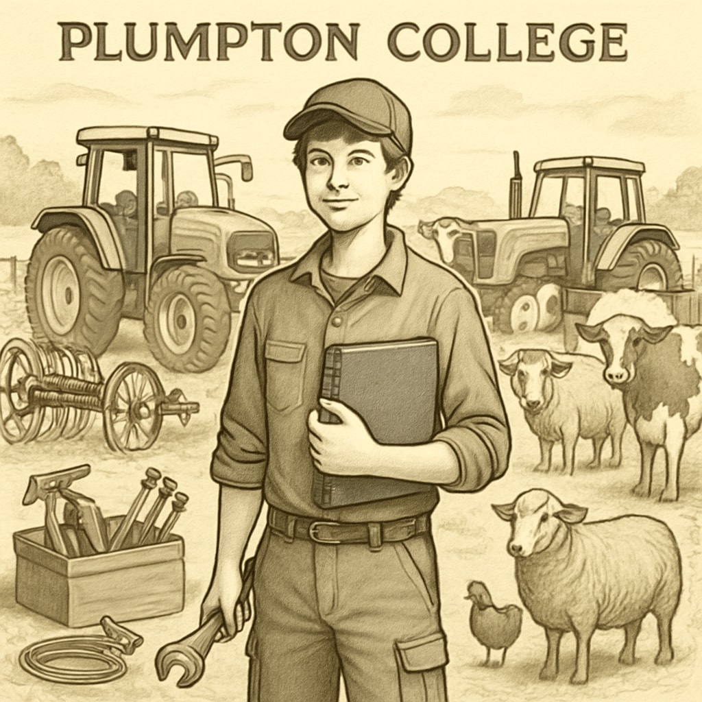 A teenage student engaging in vocational training at Plumpton College, surrounded by agricultural equipment and animals. Plumpton College vocational training focused on agriculture and animal care.