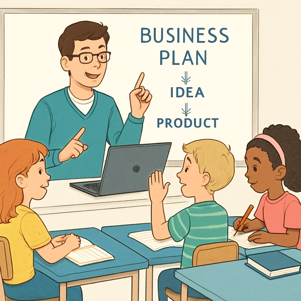 A screenshot of a virtual classroom session, showing a young instructor engaging with children on a business plan exercise. Virtual classroom session teaching business concepts to kids aged 8-14.