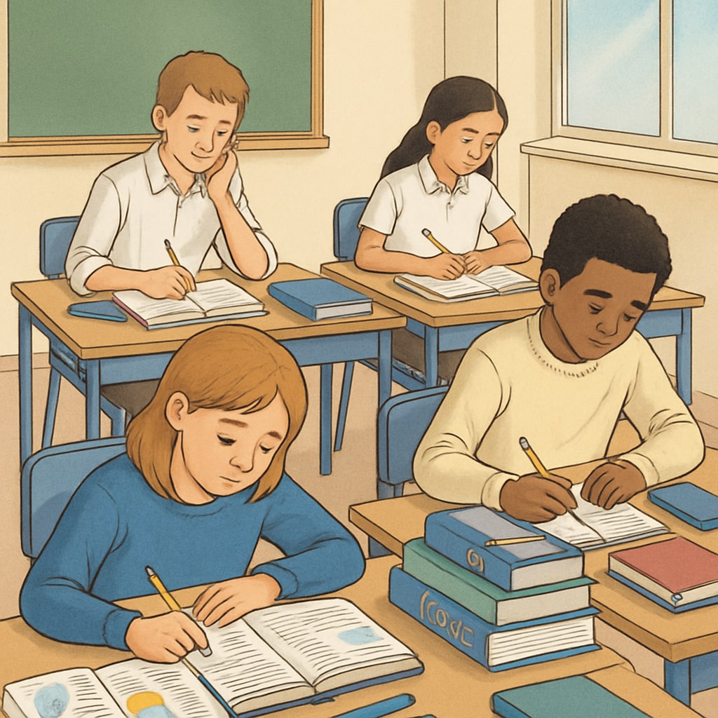 A classroom setting showcasing students preparing for GCSE exams, with textbooks and study materials visible. Students studying for GCSE exams in a classroom environment.